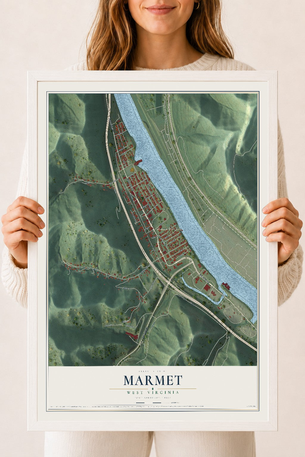 Map of Marmet, West Virginia, 18 x 24 inch print in a white wood frame