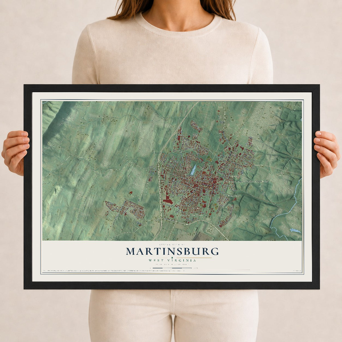 Map of Martinsburg, West Virginia, 12 x 18 inch print in a black wood frame