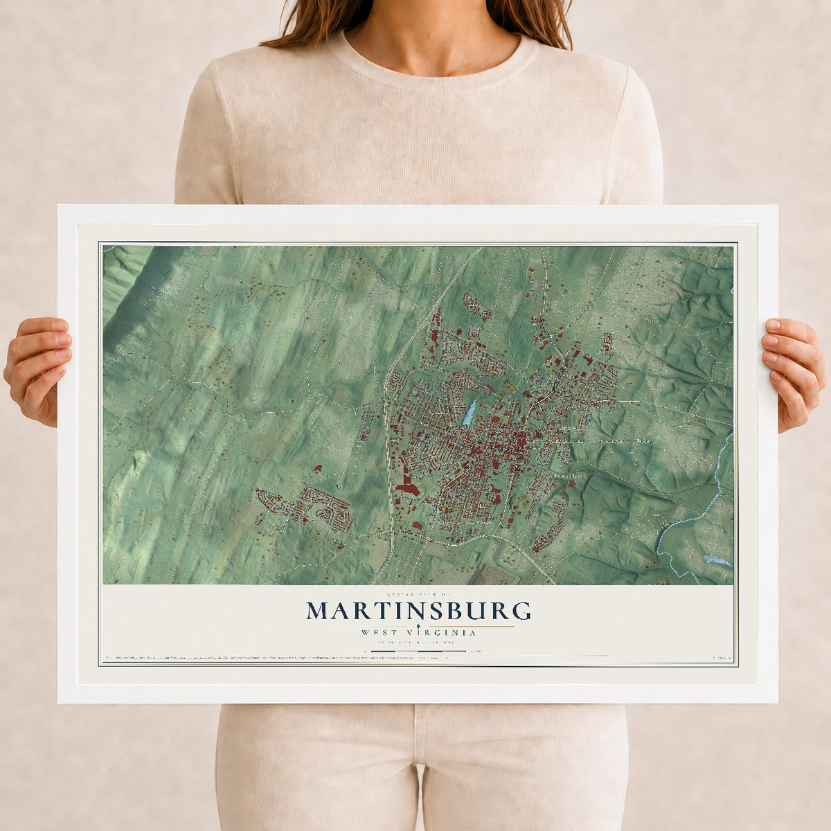 Map of Martinsburg, West Virginia, 12 x 18 inch print in a white wood frame