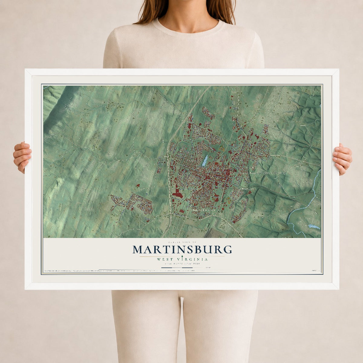 Map of Martinsburg, West Virginia, 24 x 36 inch print in a white wood frame