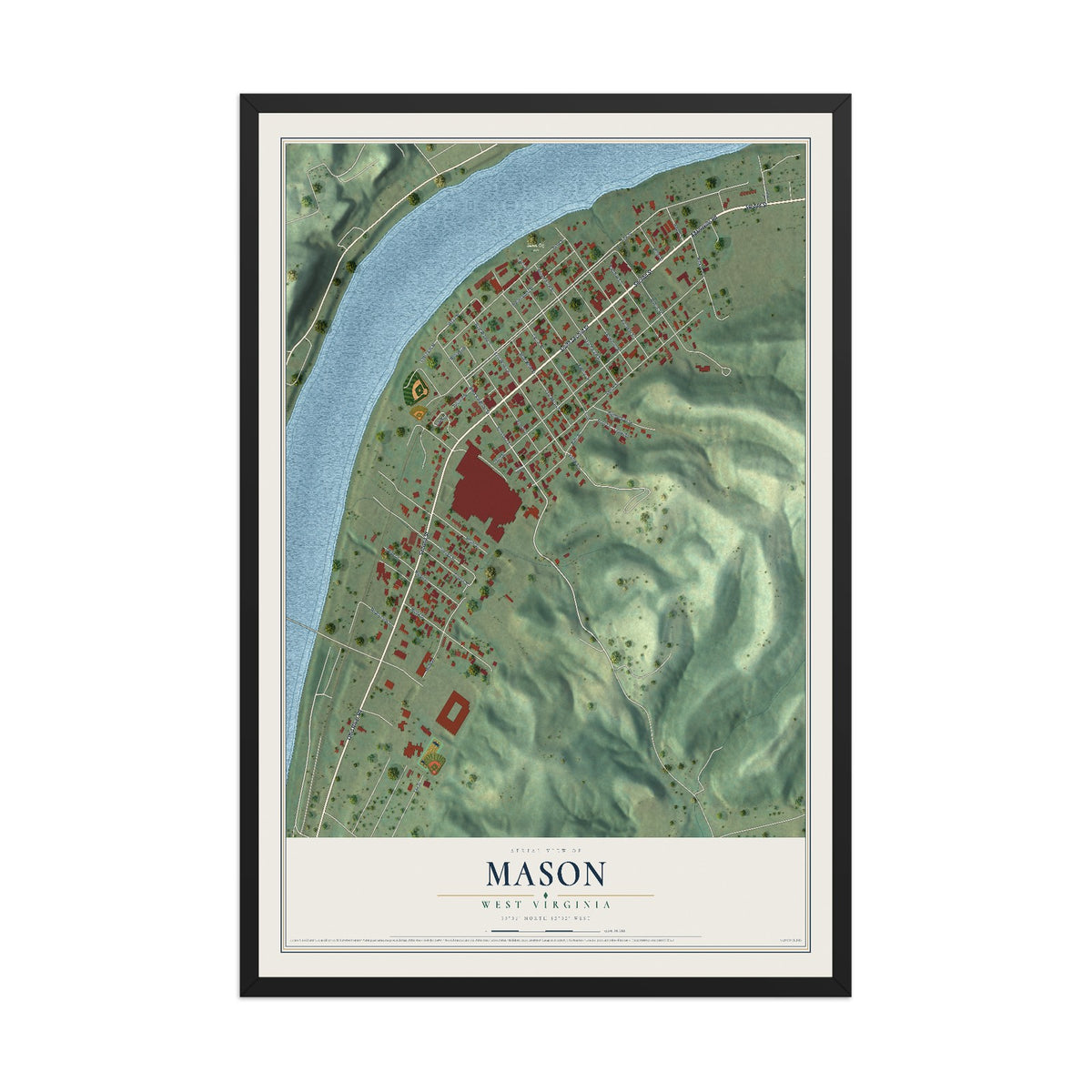 Map of Mason, West Virginia, 12 x 18 inch print in a black wood frame