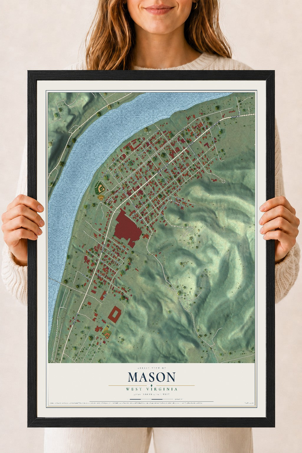 Map of Mason, West Virginia, 18 x 24 inch print in a black wood frame