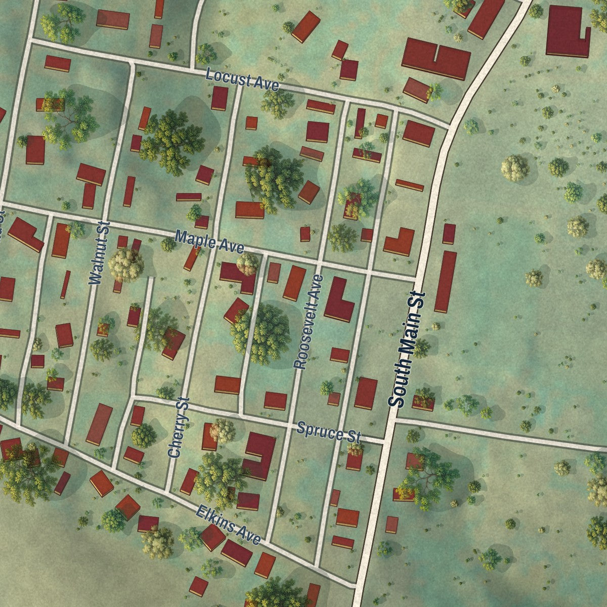 Close-up of the map of Masontown, West Virginia print showing street and building detail