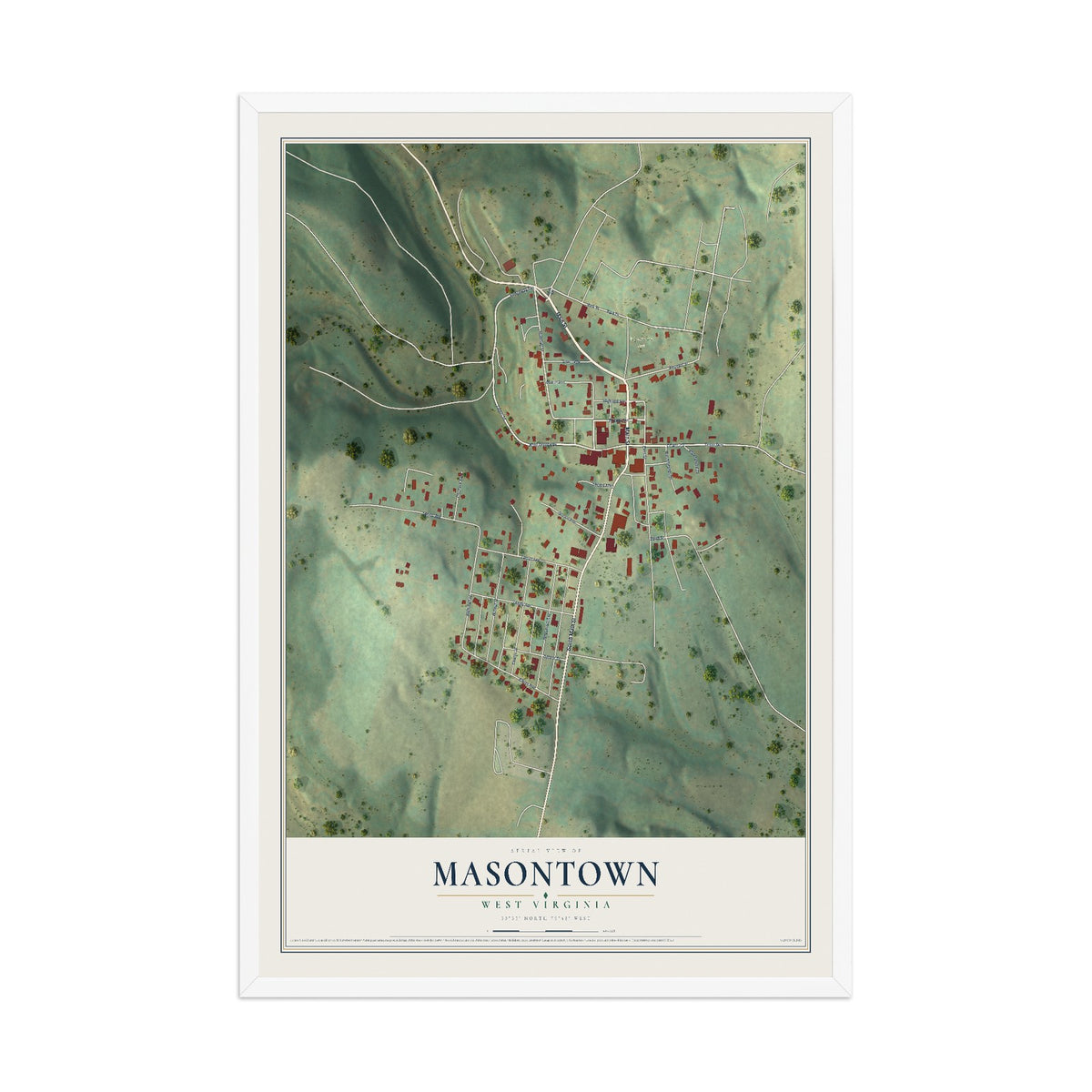 Map of Masontown, West Virginia, 12 x 18 inch print in a white wood frame