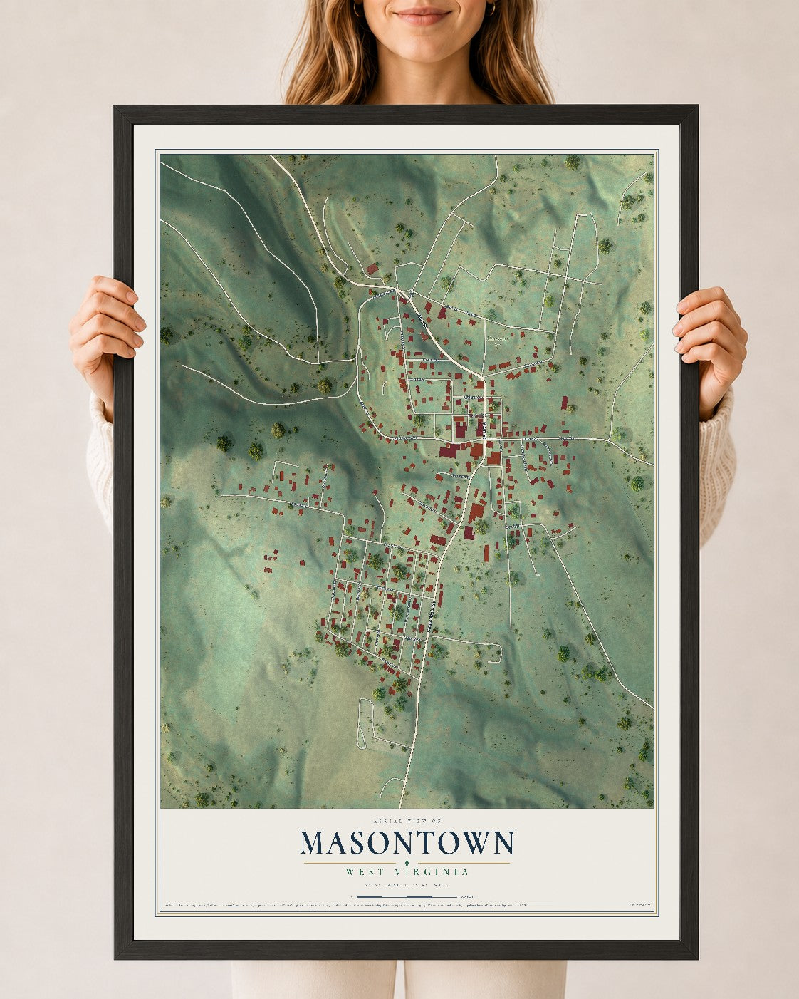 Map of Masontown, West Virginia, 24 x 36 inch print in a black wood frame