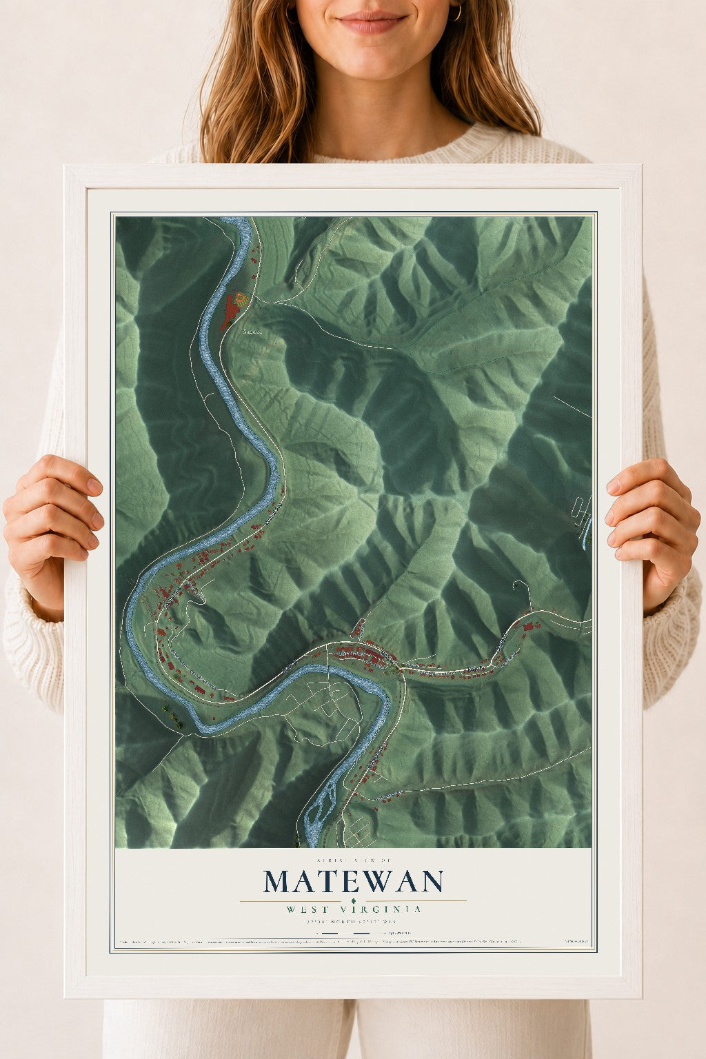 Map of Matewan, West Virginia, 18 x 24 inch print in a white wood frame