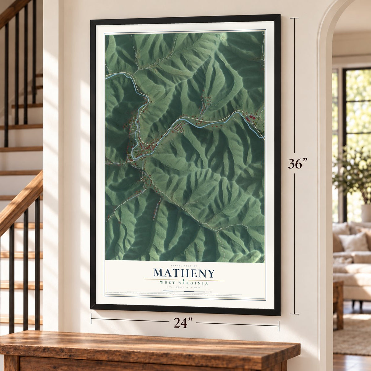 Matheny, West Virginia map, 24 x 36 inch print in a black frame by a staircase