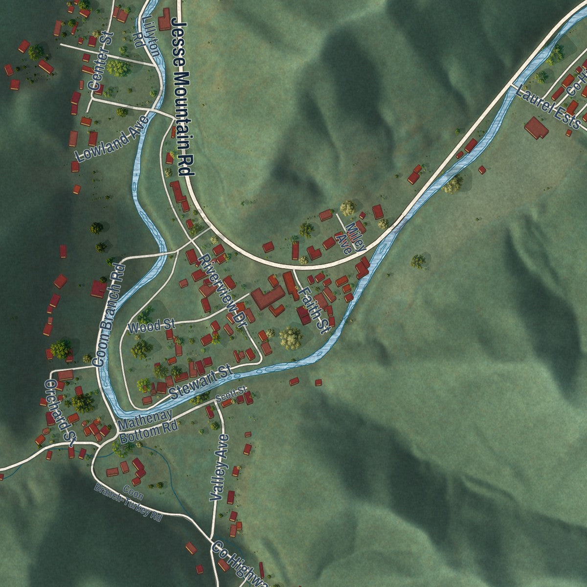 Close-up of the map of Matheny, West Virginia print showing street and building detail