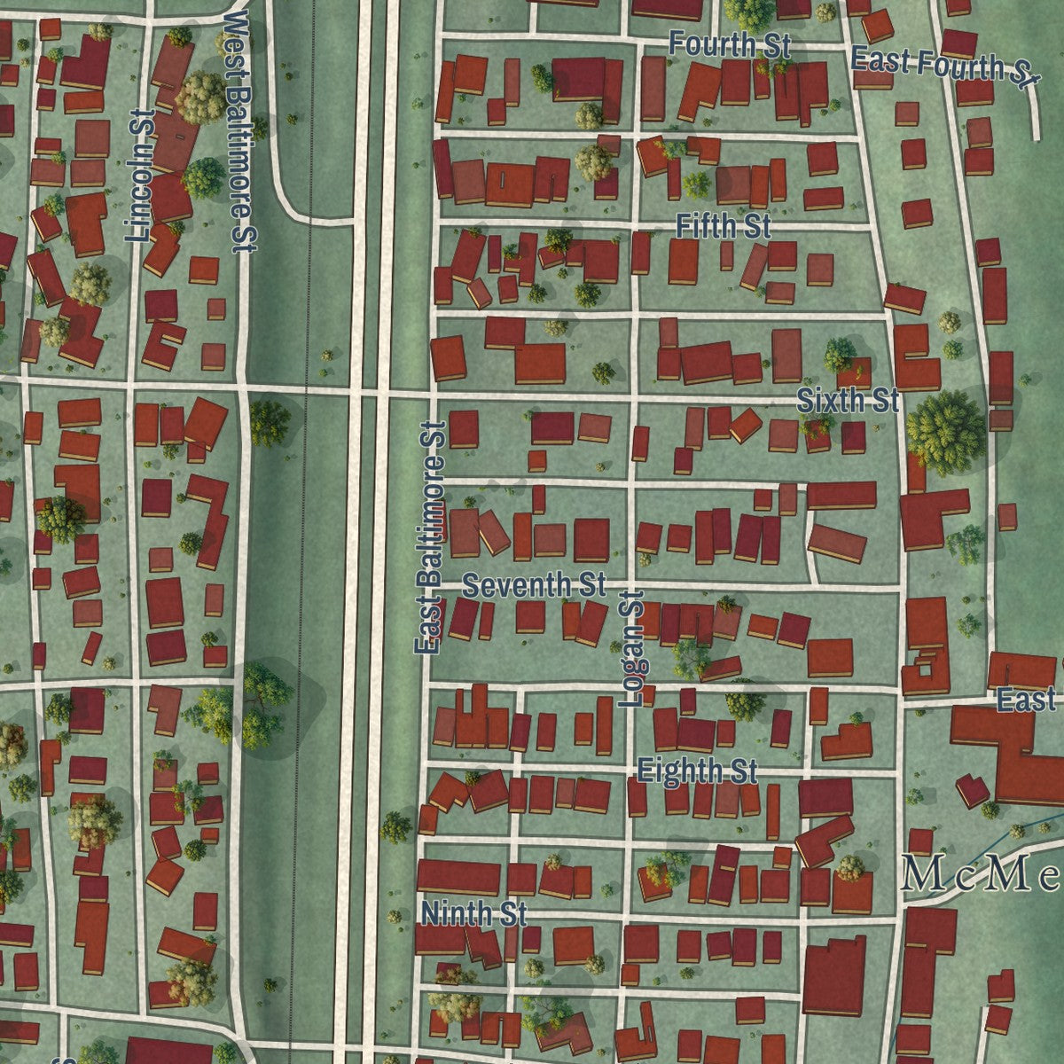 Close-up of the map of McMechen, West Virginia print showing street and building detail
