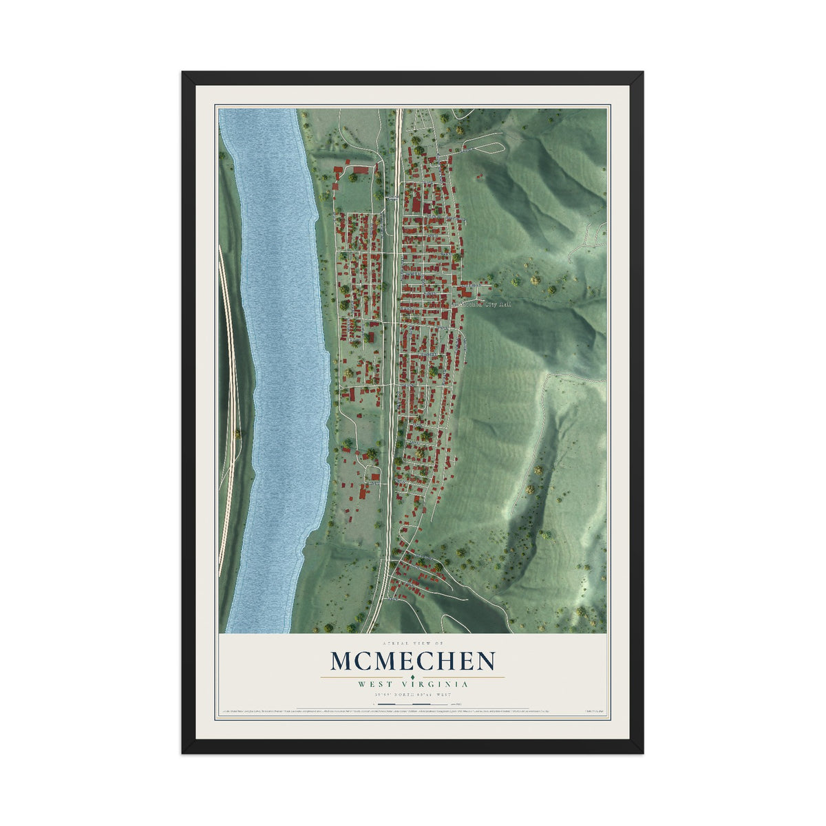 Map of McMechen, West Virginia, 12 x 18 inch print in a black wood frame