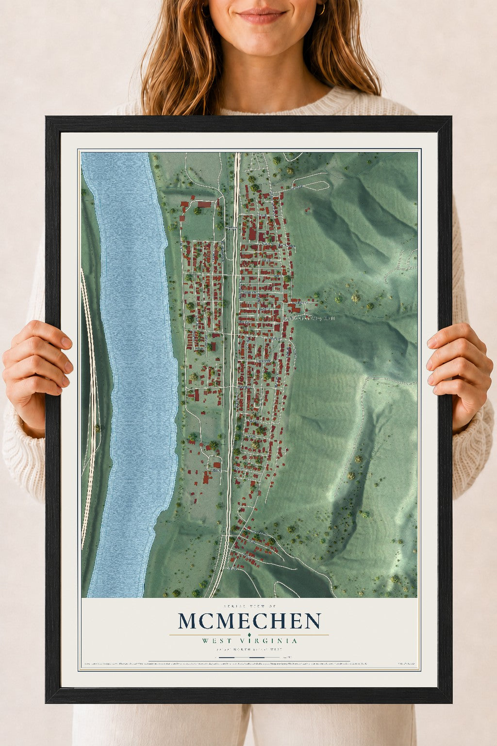 Map of McMechen, West Virginia, 18 x 24 inch print in a black wood frame