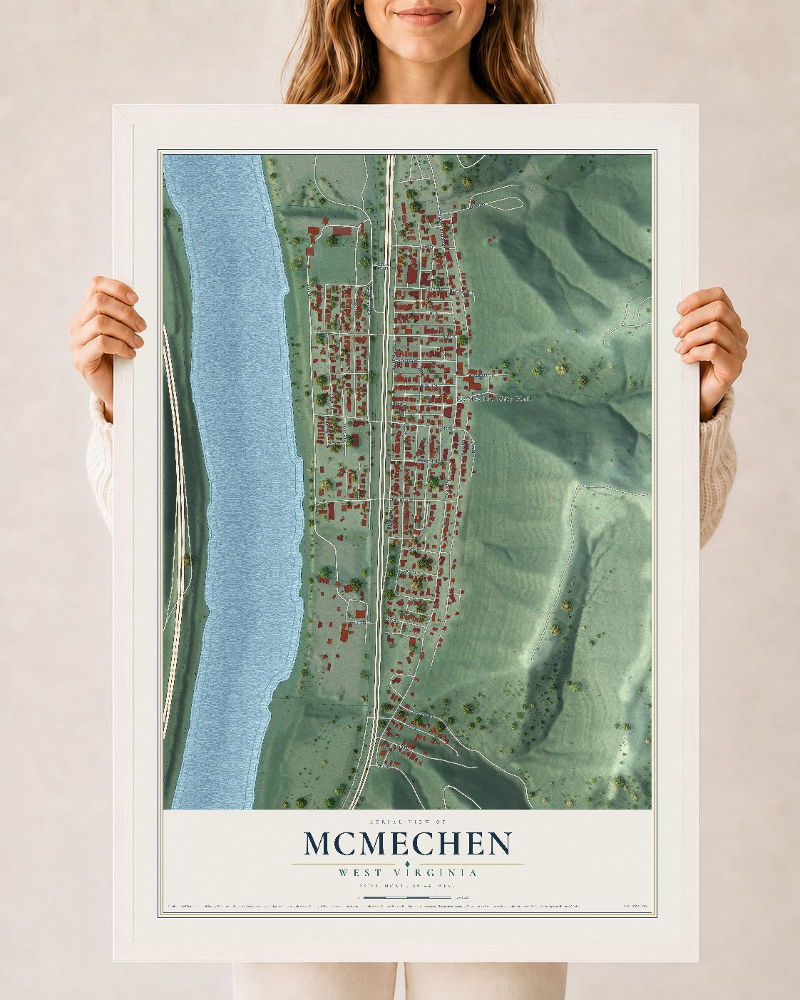 Map of McMechen, West Virginia, 24 x 36 inch print in a white wood frame