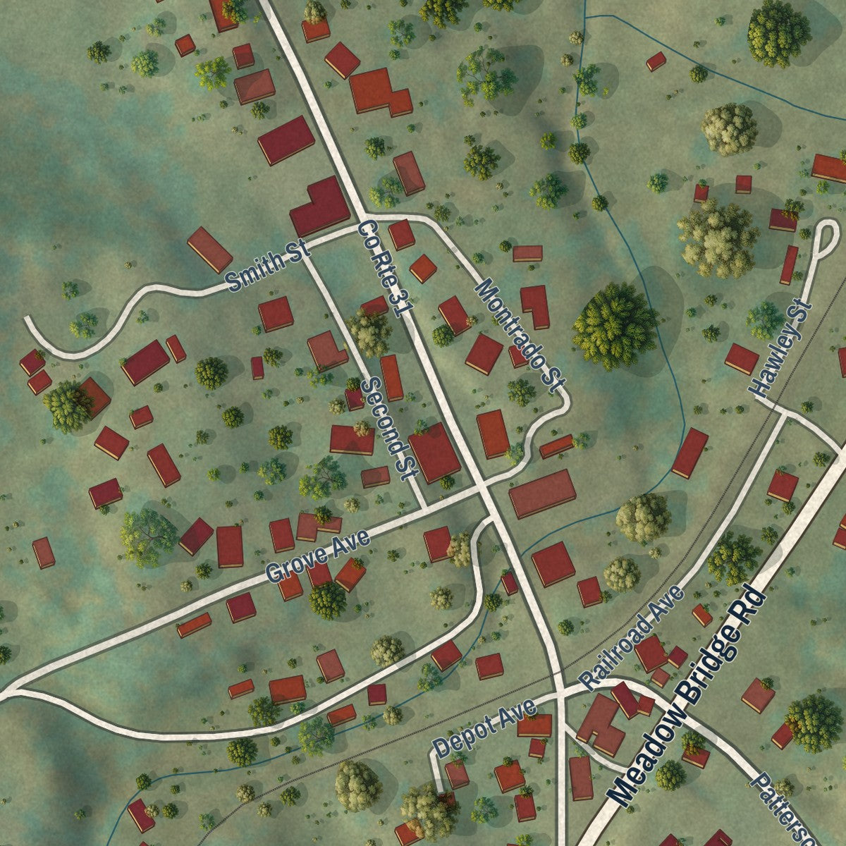 Close-up of the map of Meadow Bridge, West Virginia print showing street and building detail