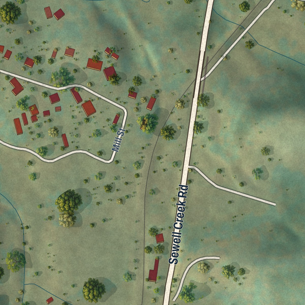 Second close-up of the map of Meadow Bridge, West Virginia print showing more streets and buildings