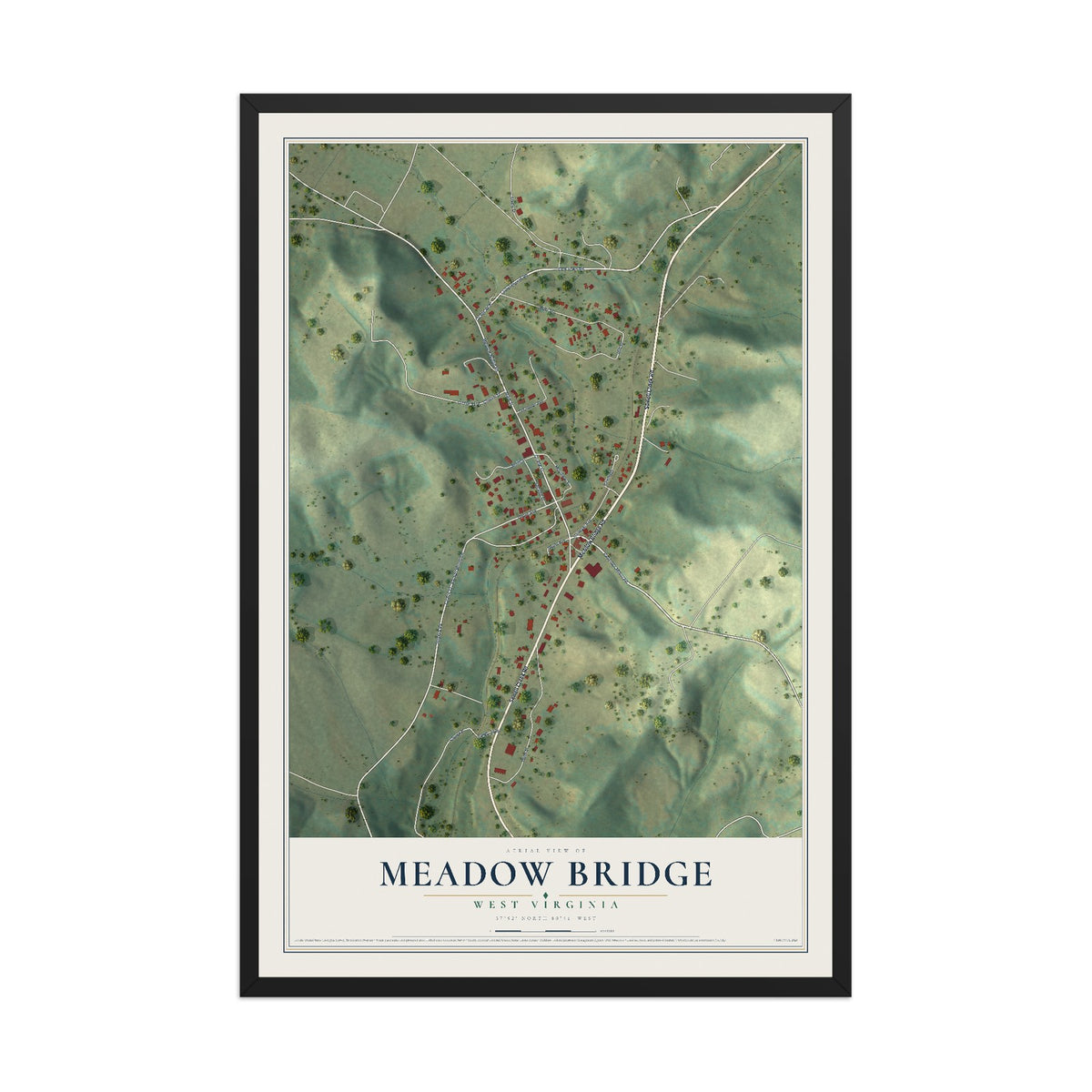 Map of Meadow Bridge, West Virginia, 12 x 18 inch print in a black wood frame