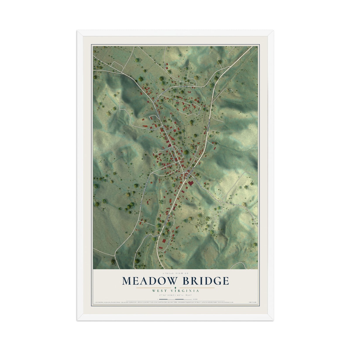 Map of Meadow Bridge, West Virginia, 12 x 18 inch print in a white wood frame