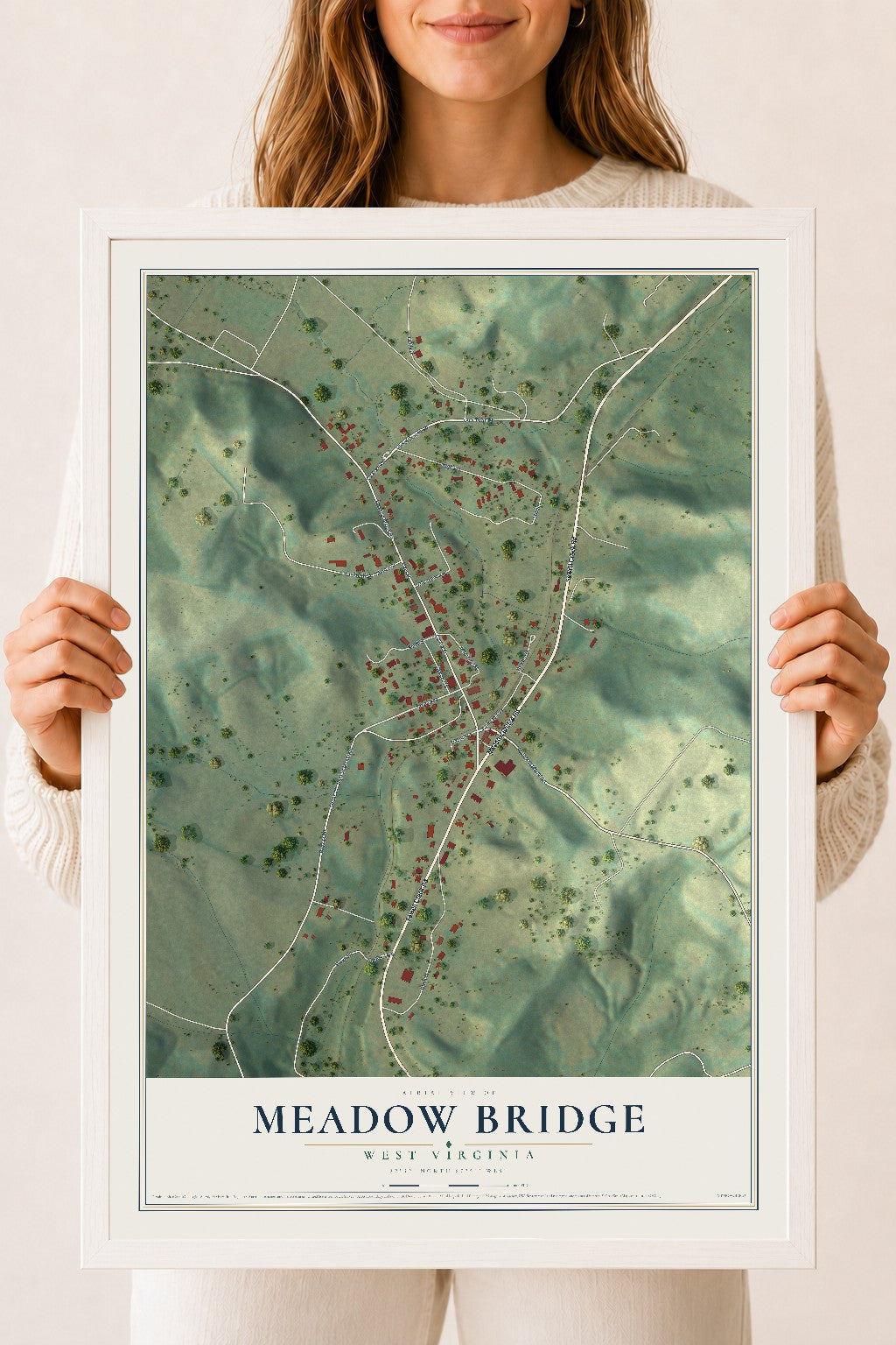 Map of Meadow Bridge, West Virginia, 18 x 24 inch print in a white wood frame