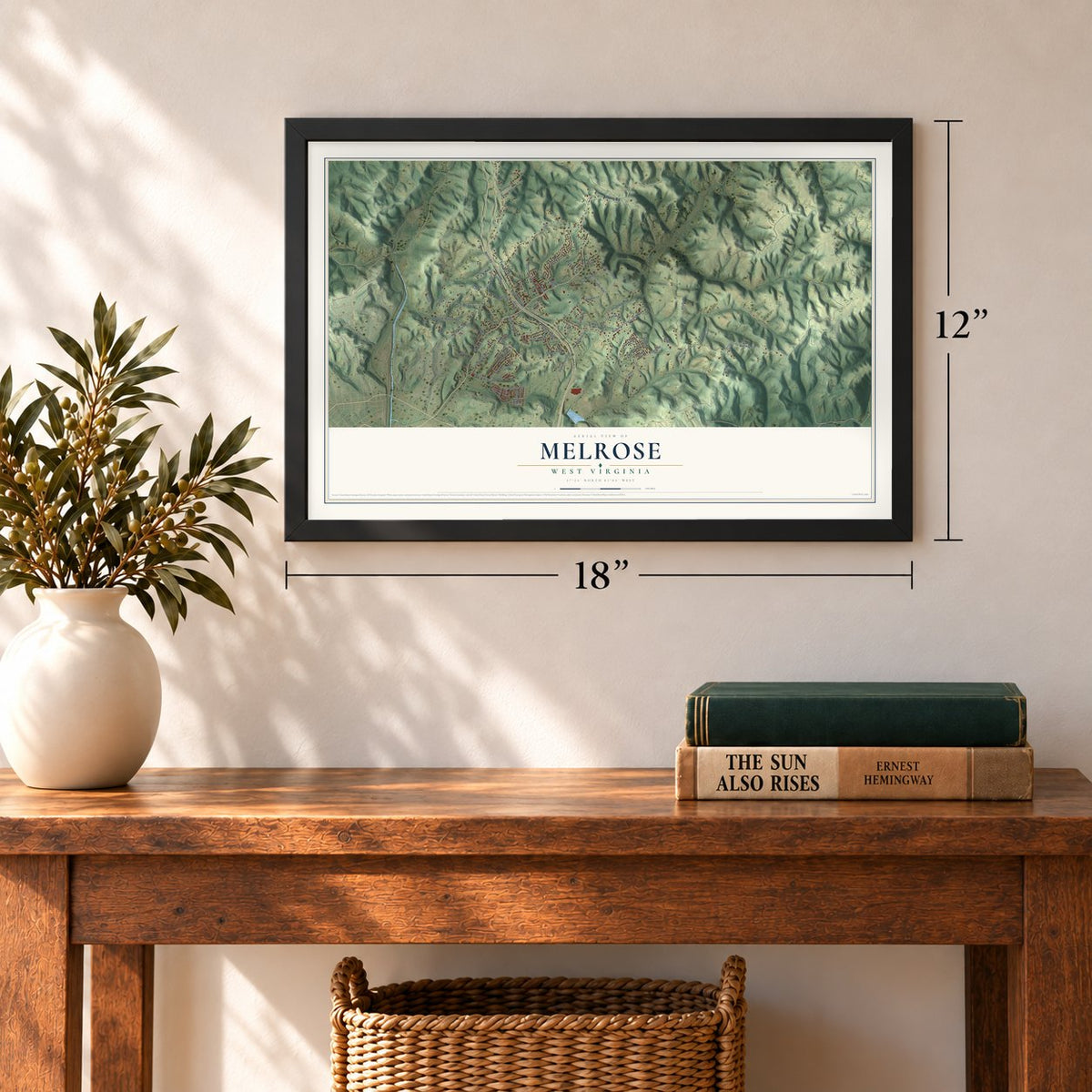 Melrose, West Virginia map, 12 x 18 inch print in a black frame in an entryway