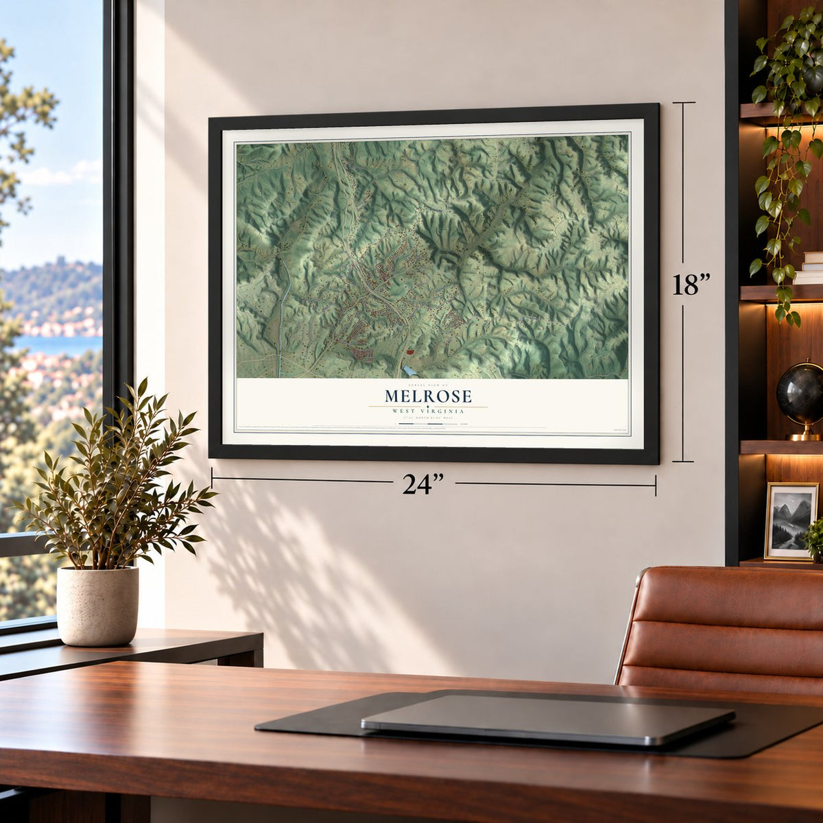 Melrose, West Virginia map, 18 x 24 inch print in a black frame in a home office