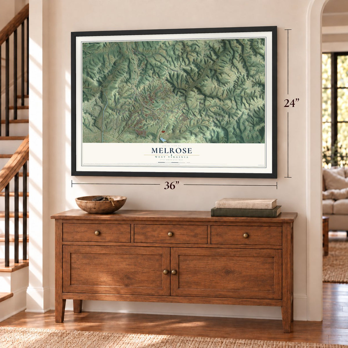 Melrose, West Virginia map, 24 x 36 inch print in a black frame above a dresser by a staircase