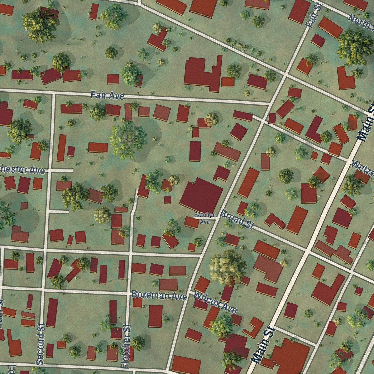 Close-up of the map of Middlebourne, West Virginia print showing street and building detail