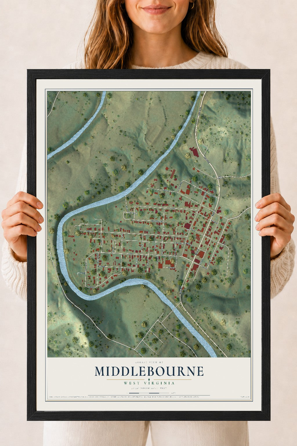 Map of Middlebourne, West Virginia, 18 x 24 inch print in a black wood frame