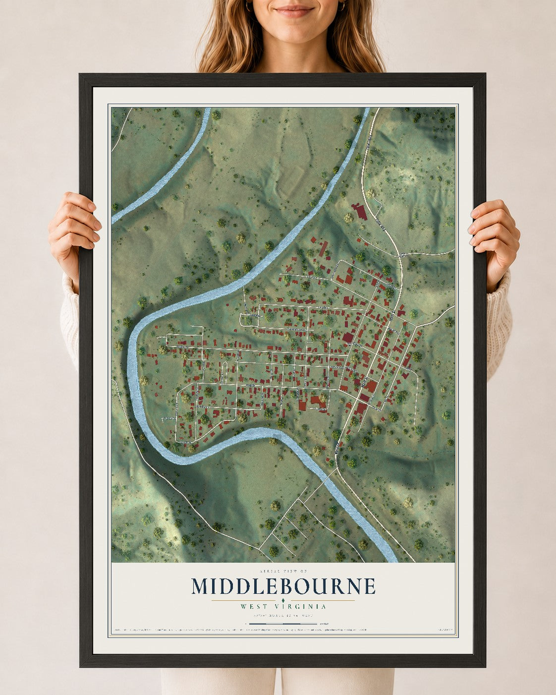 Map of Middlebourne, West Virginia, 24 x 36 inch print in a black wood frame