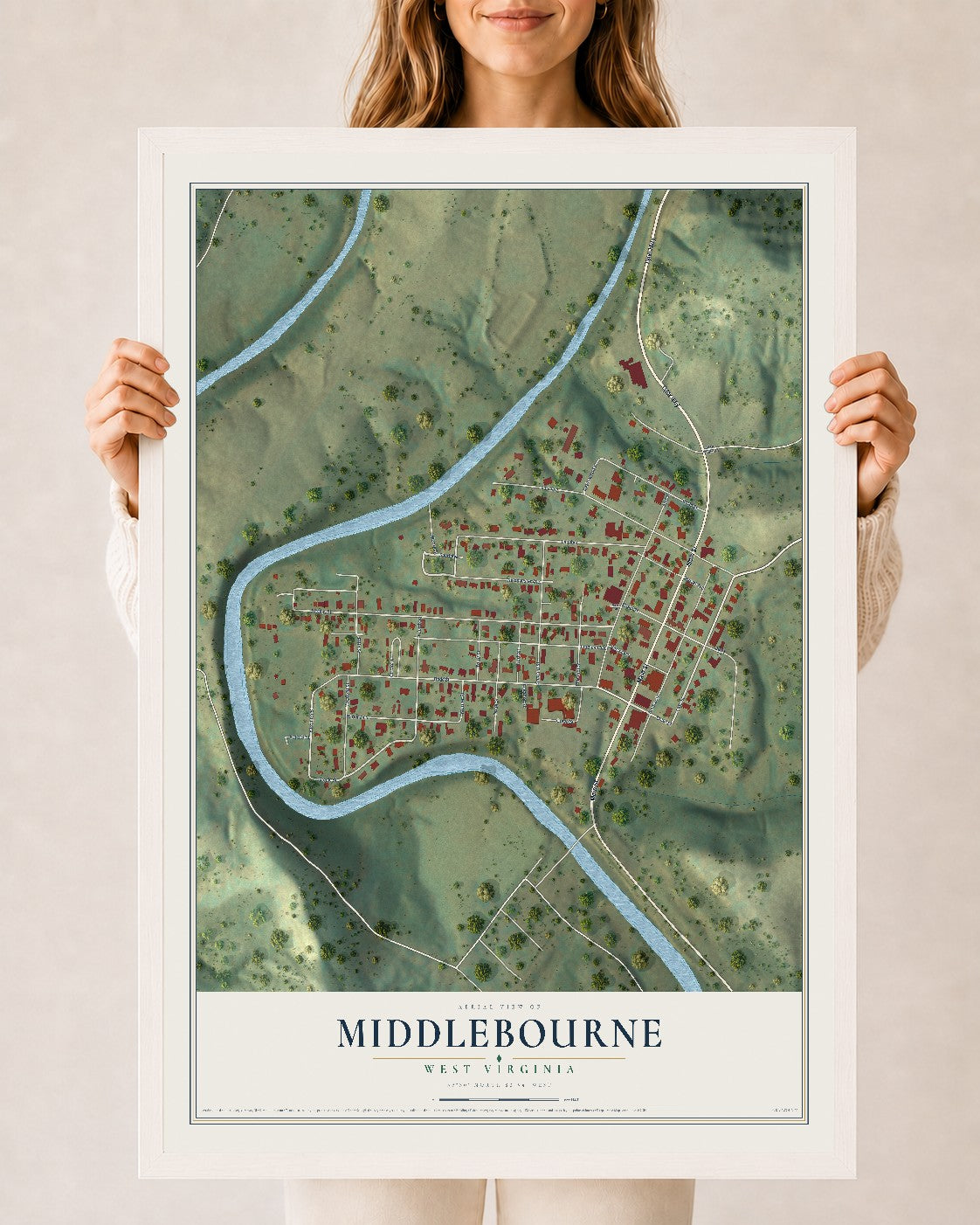 Map of Middlebourne, West Virginia, 24 x 36 inch print in a white wood frame