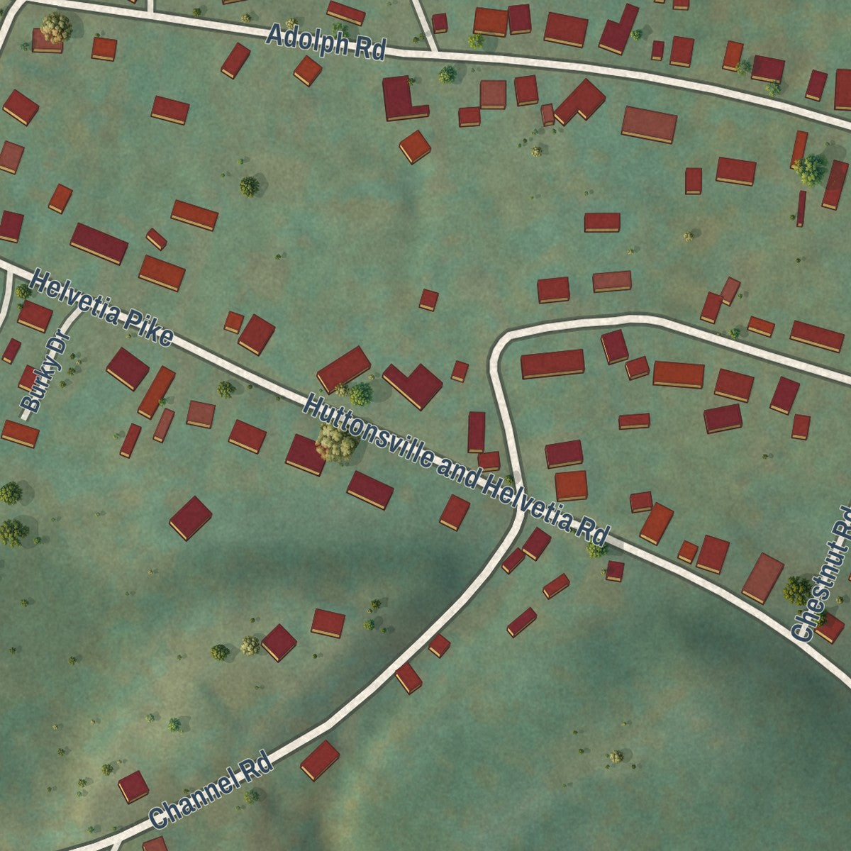 Second close-up of the map of Mill Creek, West Virginia print showing more streets and buildings