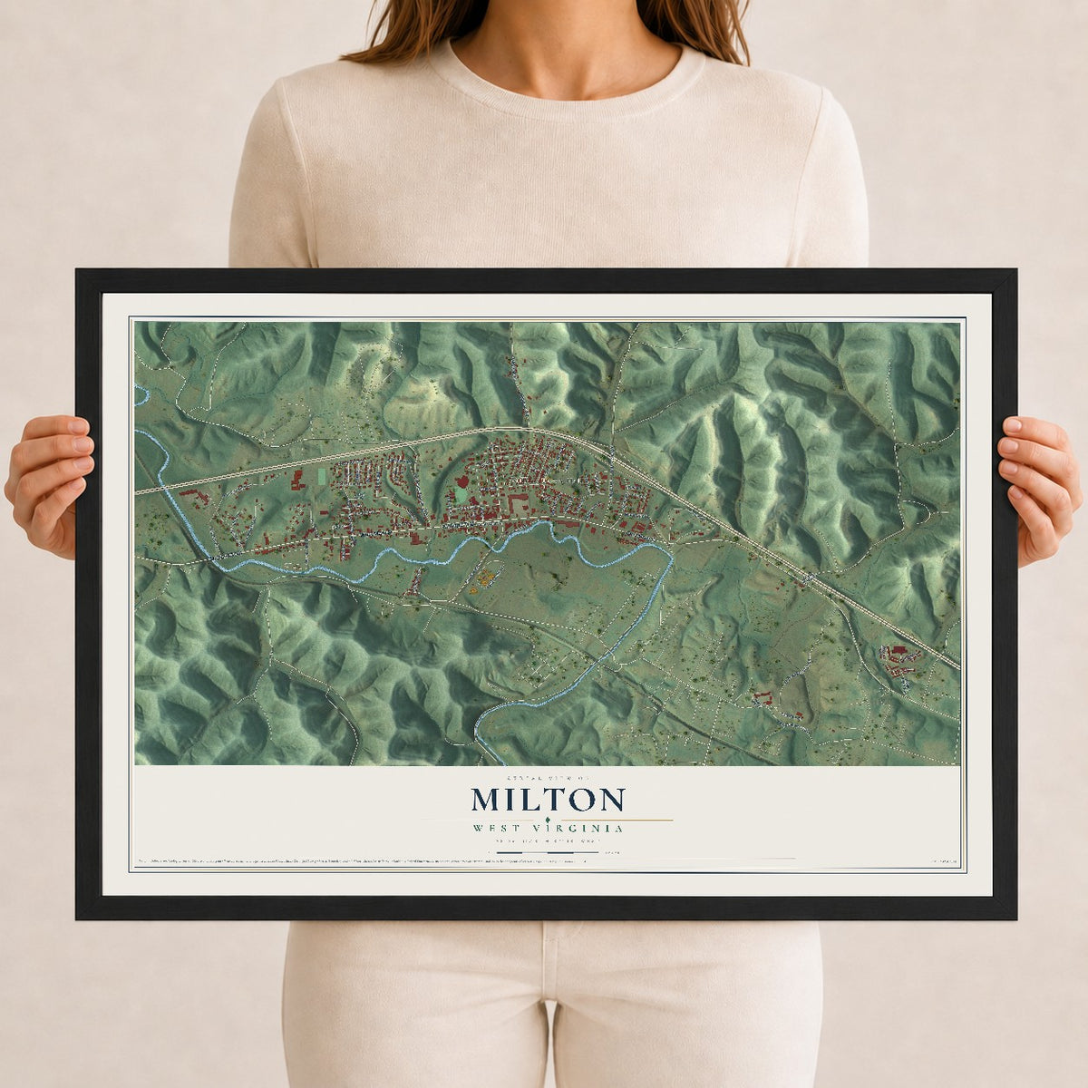 Map of Milton, West Virginia, 12 x 18 inch print in a black wood frame
