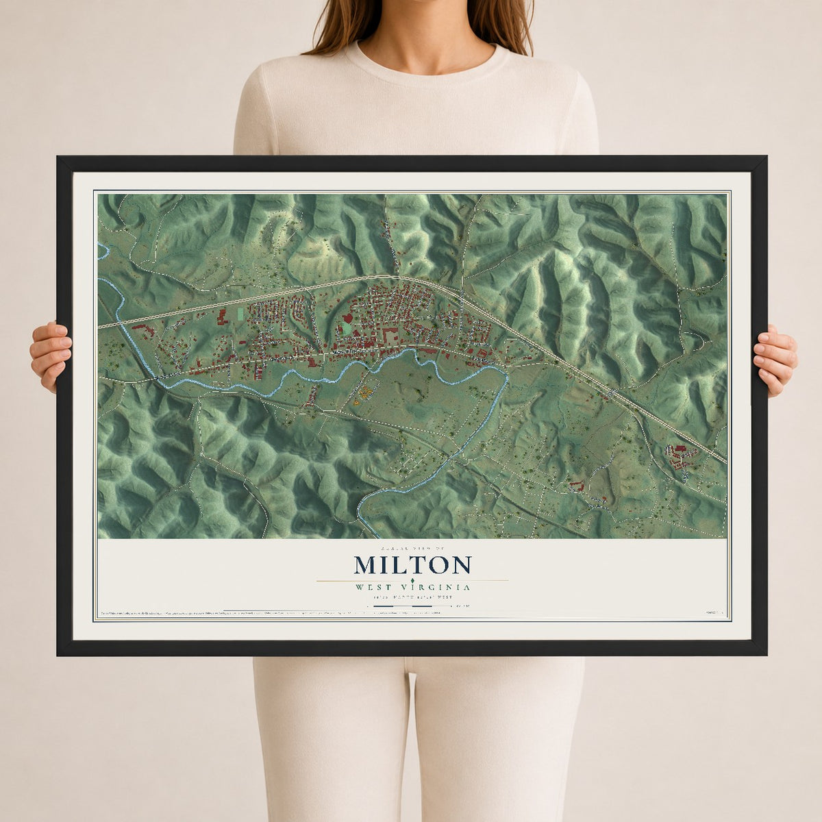 Map of Milton, West Virginia, 24 x 36 inch print in a black wood frame