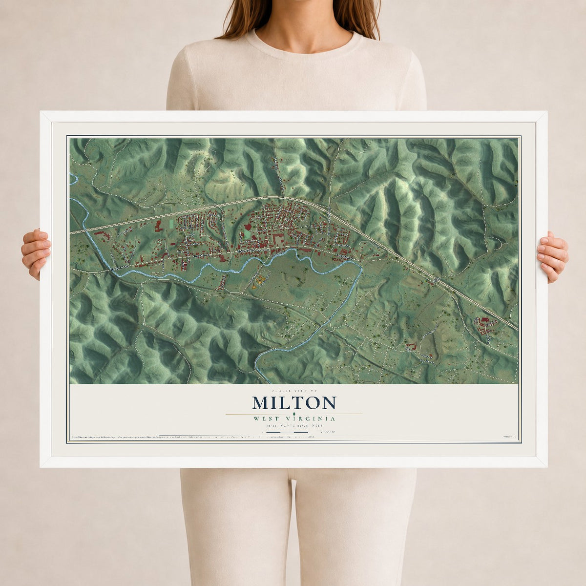 Map of Milton, West Virginia, 24 x 36 inch print in a white wood frame