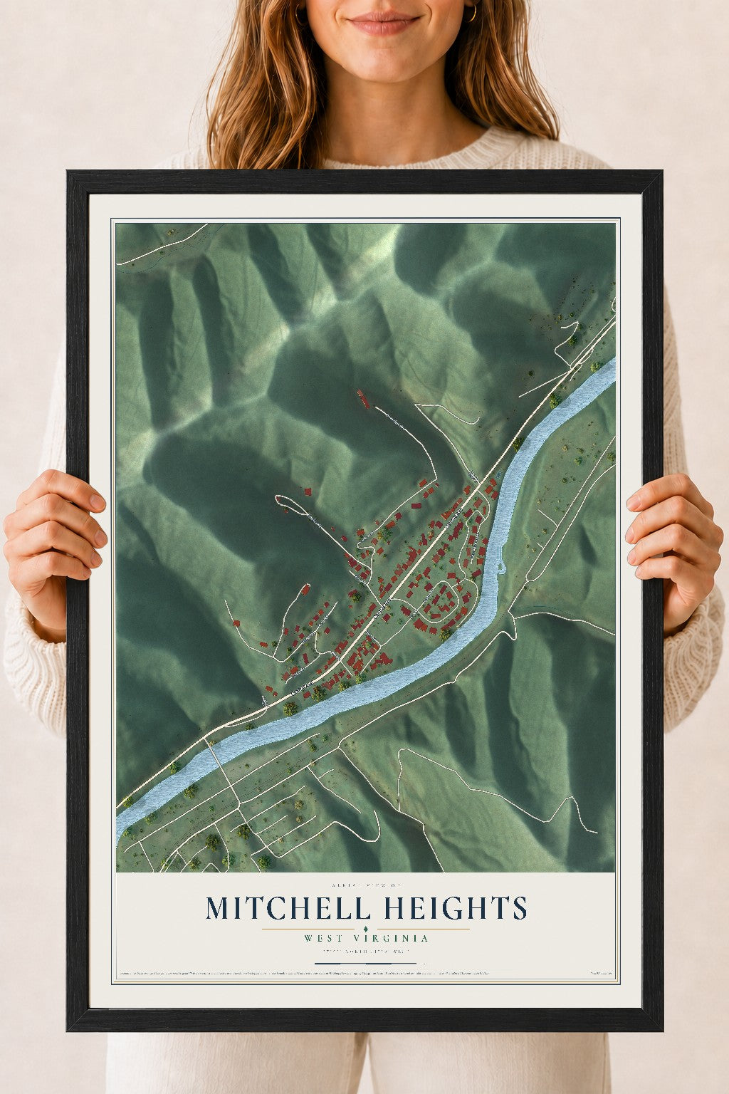 Map of Mitchell Heights, West Virginia, 18 x 24 inch print in a black wood frame