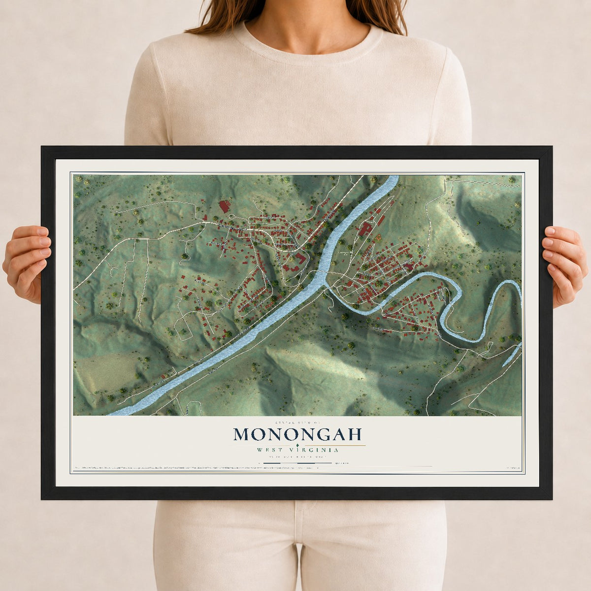 Map of Monongah, West Virginia, 12 x 18 inch print in a black wood frame