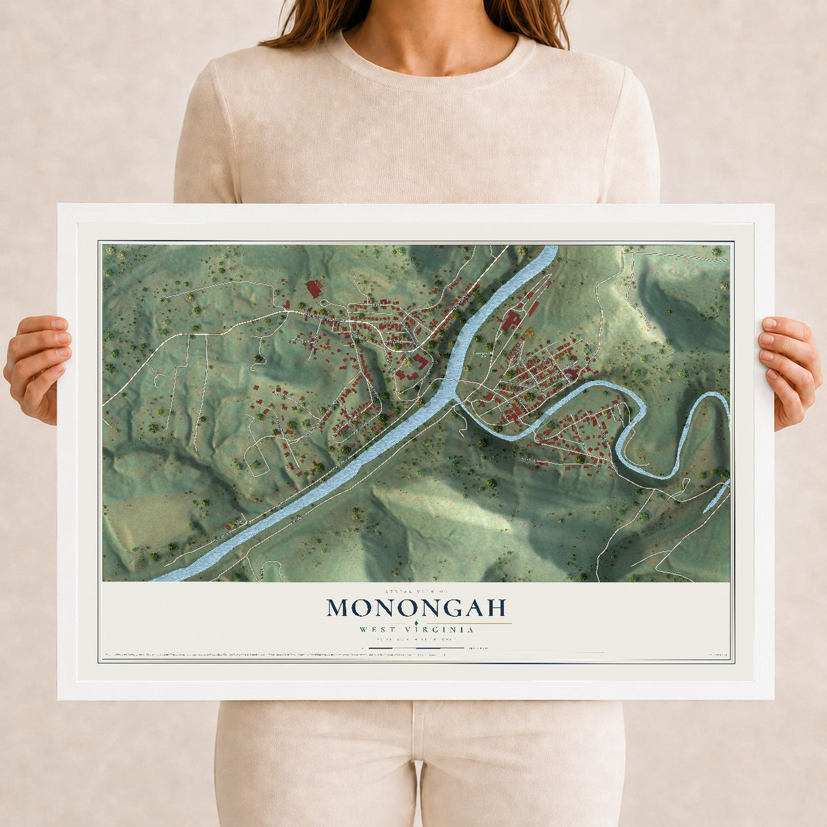 Map of Monongah, West Virginia, 12 x 18 inch print in a white wood frame