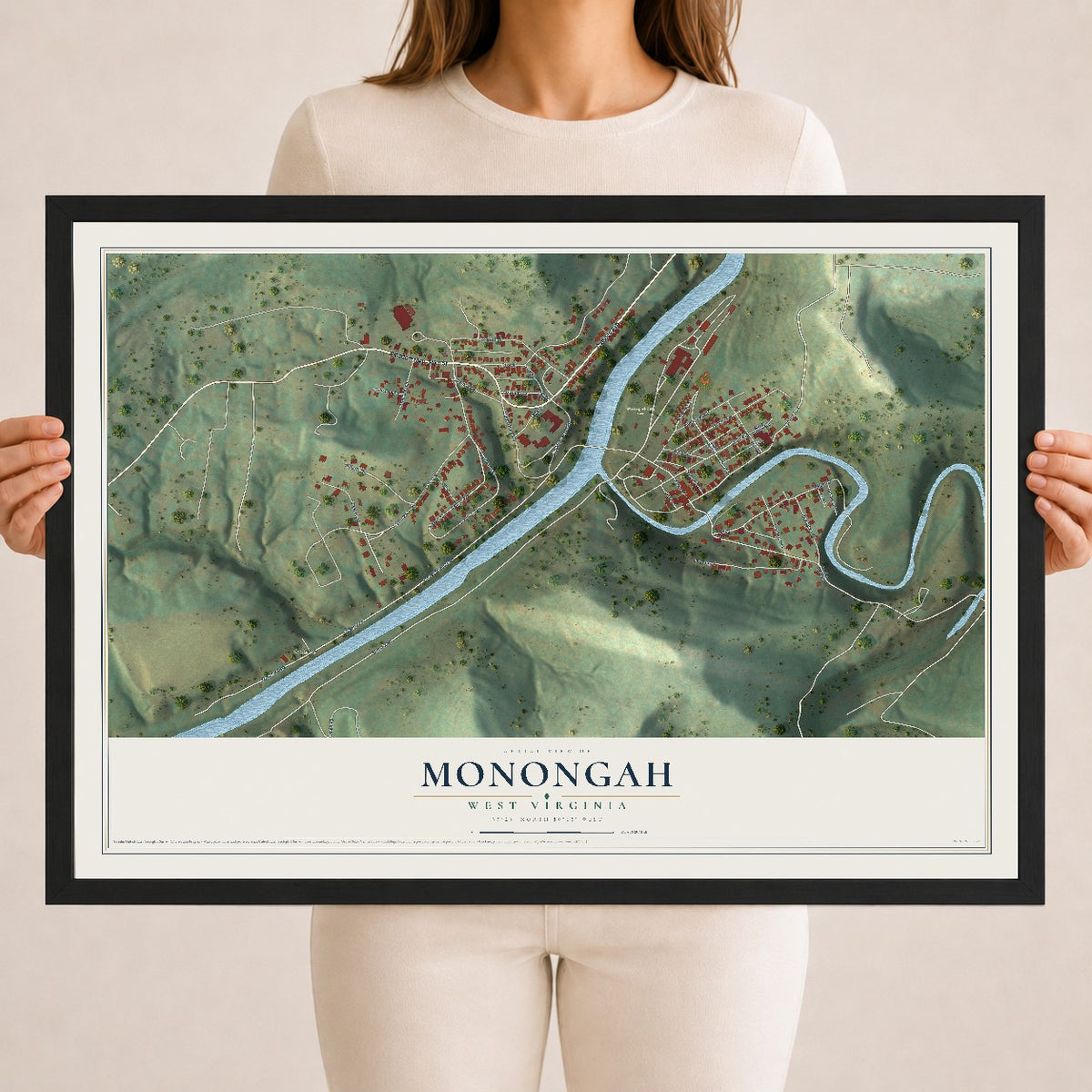Map of Monongah, West Virginia, 18 x 24 inch print in a black wood frame