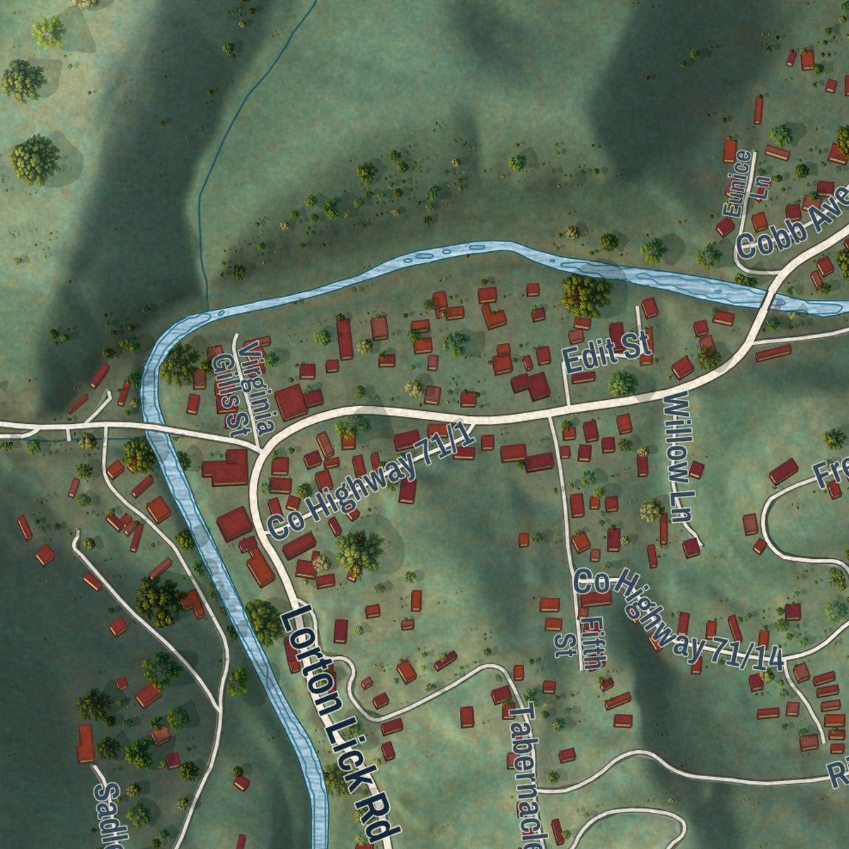Close-up of the map of Montcalm, West Virginia print showing street and building detail