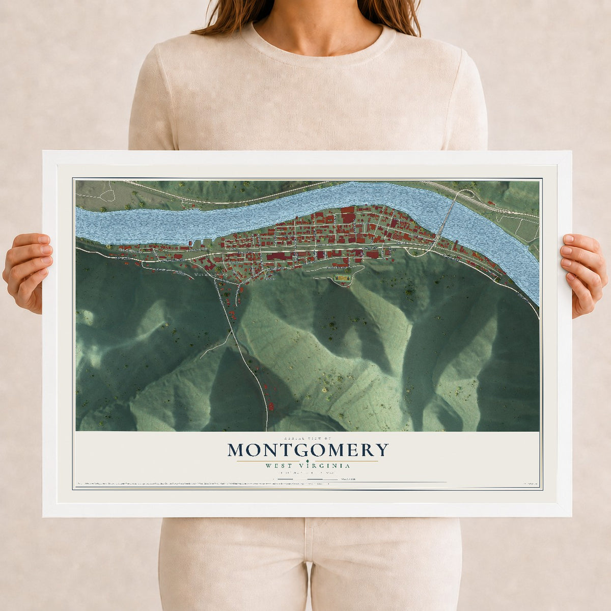 Map of Montgomery, West Virginia, 12 x 18 inch print in a white wood frame