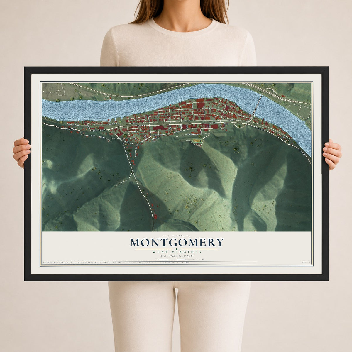 Map of Montgomery, West Virginia, 24 x 36 inch print in a black wood frame