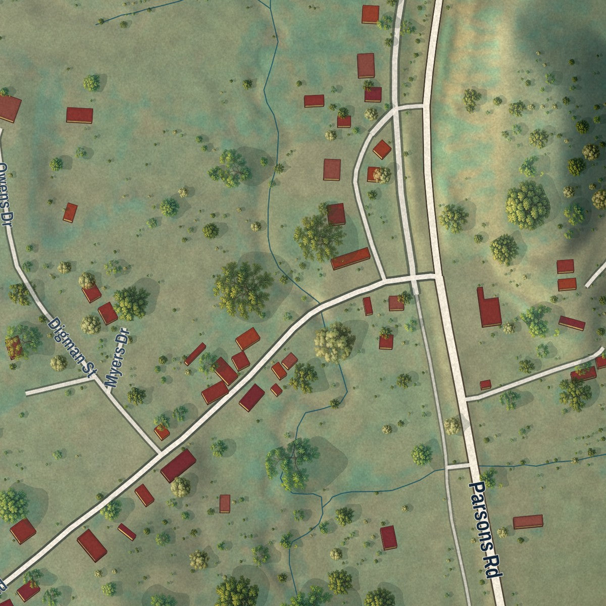 Close-up of the map of Montrose, West Virginia print showing street and building detail