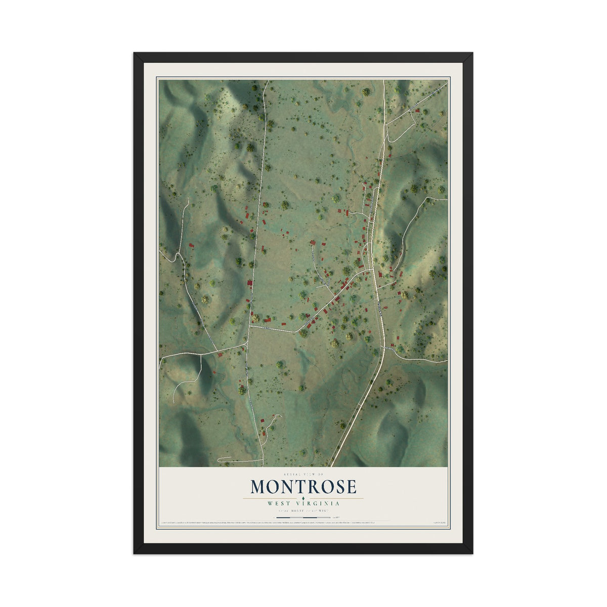 Map of Montrose, West Virginia, 12 x 18 inch print in a black wood frame