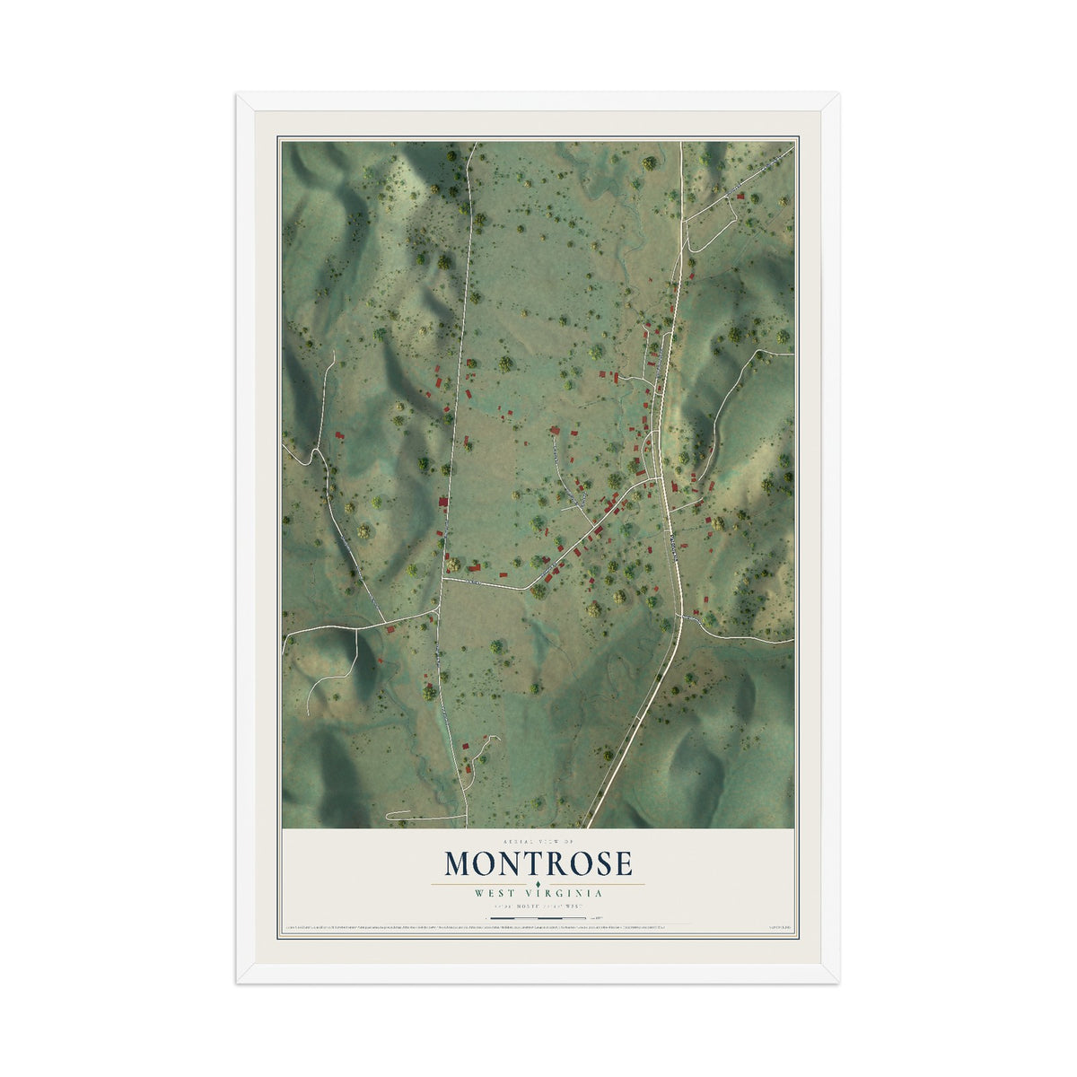Map of Montrose, West Virginia, 12 x 18 inch print in a white wood frame