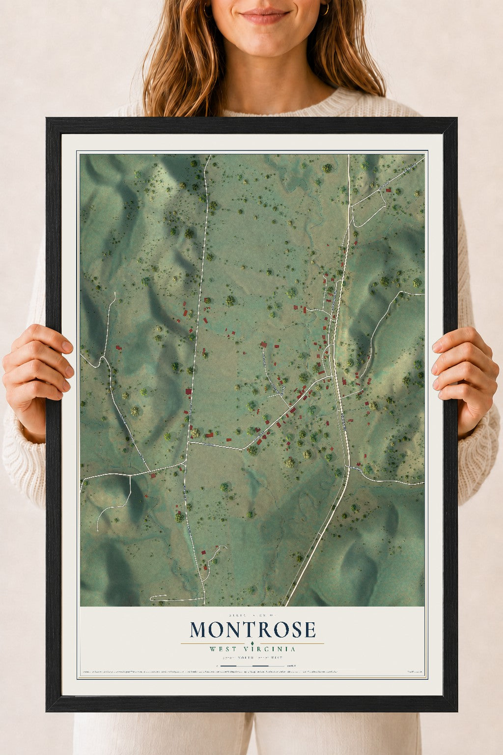 Map of Montrose, West Virginia, 18 x 24 inch print in a black wood frame