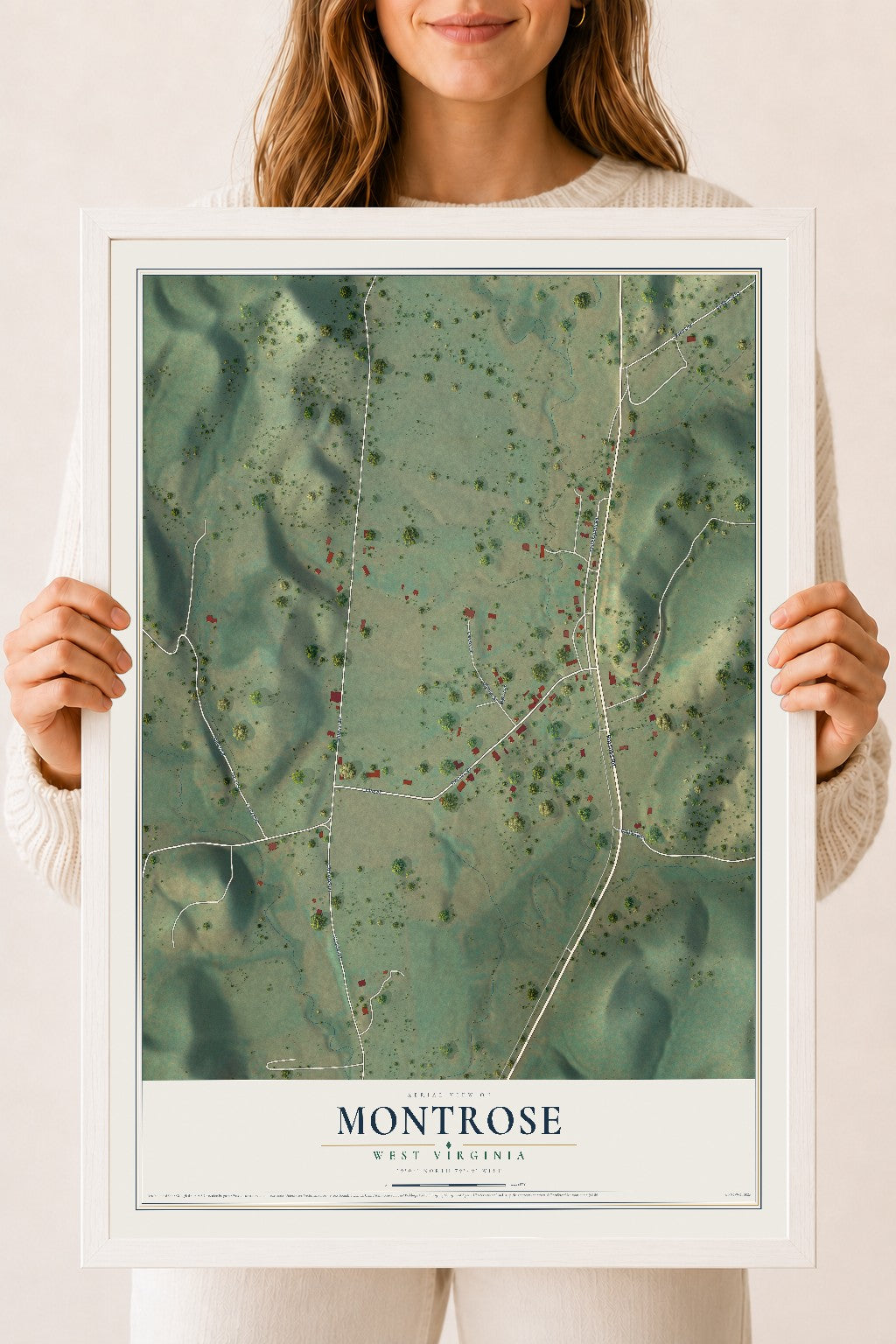 Map of Montrose, West Virginia, 18 x 24 inch print in a white wood frame
