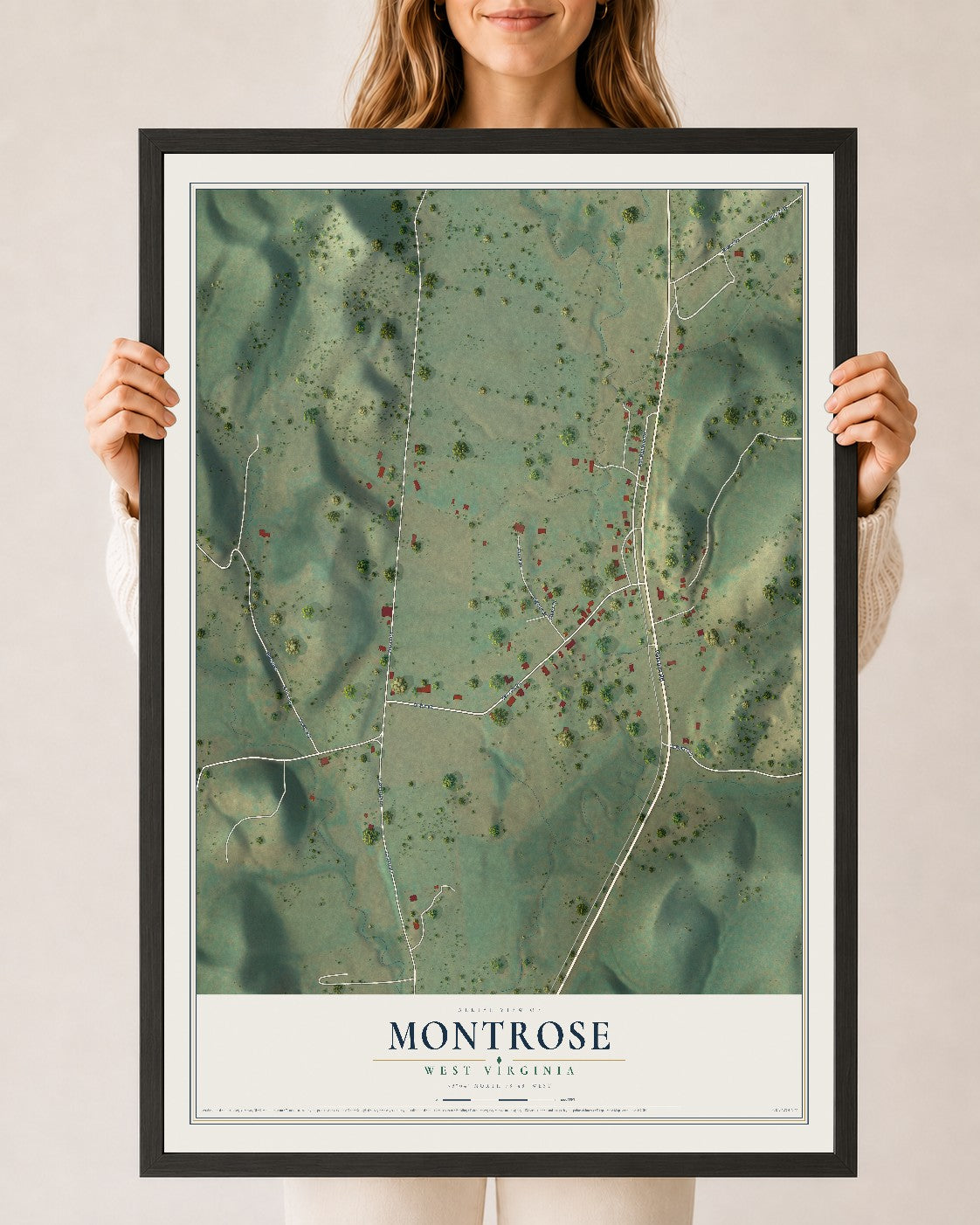 Map of Montrose, West Virginia, 24 x 36 inch print in a black wood frame