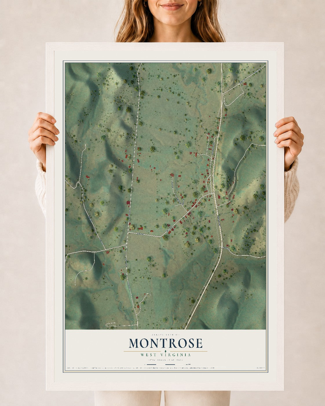 Map of Montrose, West Virginia, 24 x 36 inch print in a white wood frame