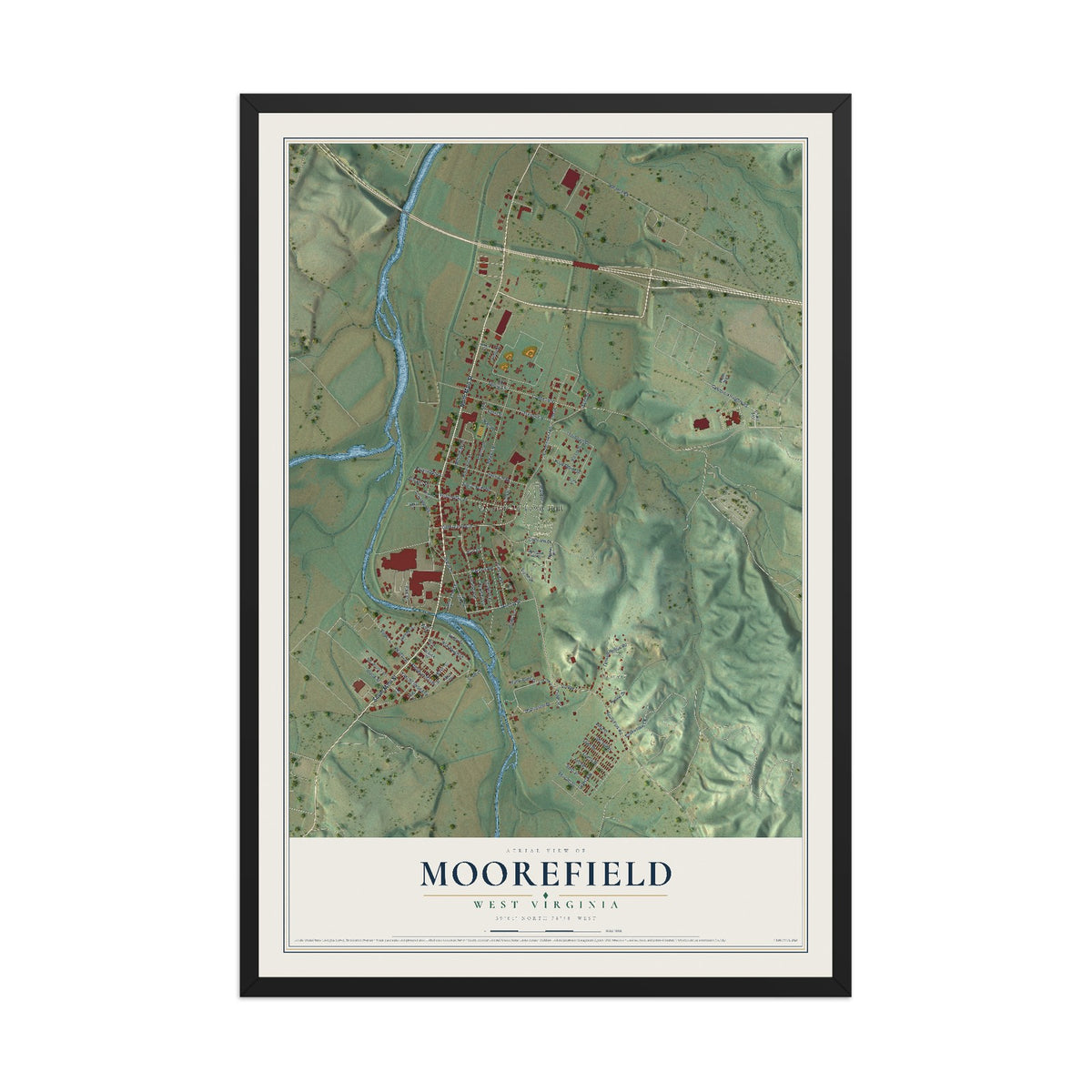 Map of Moorefield, West Virginia, 12 x 18 inch print in a black wood frame
