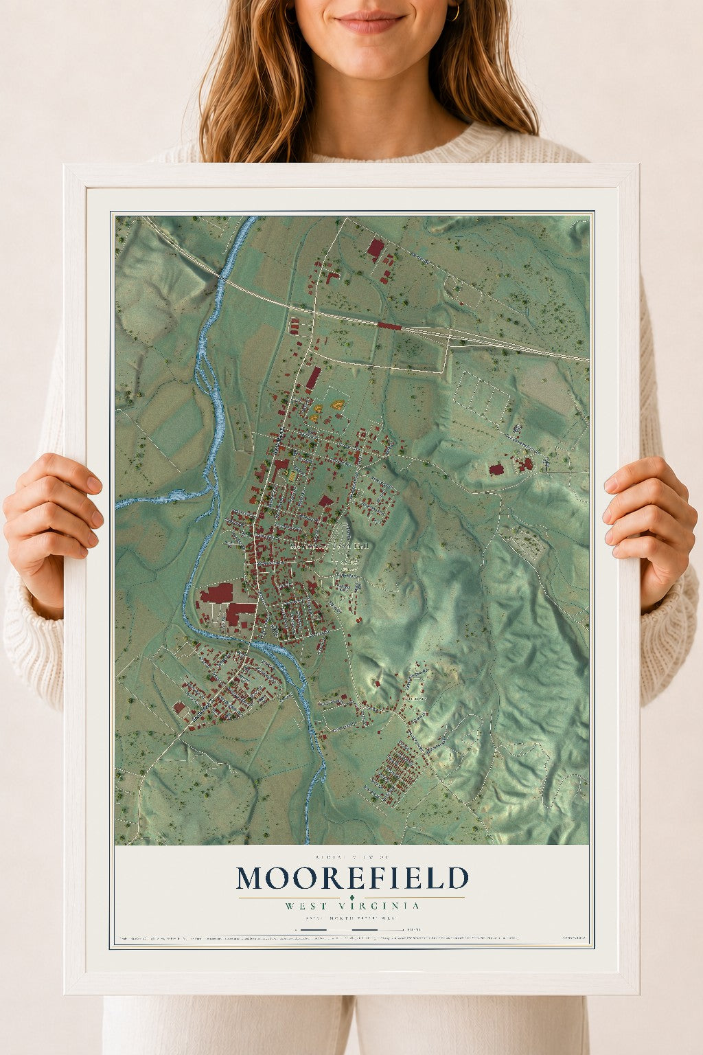 Map of Moorefield, West Virginia, 18 x 24 inch print in a white wood frame