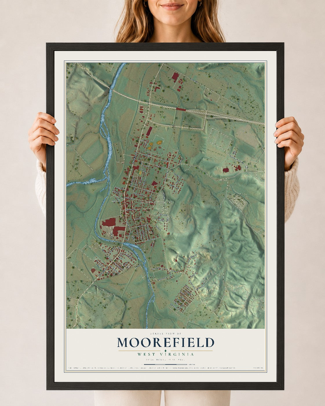 Map of Moorefield, West Virginia, 24 x 36 inch print in a black wood frame