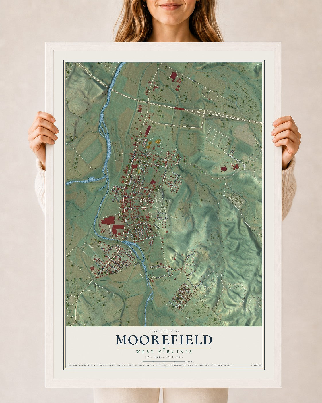 Map of Moorefield, West Virginia, 24 x 36 inch print in a white wood frame